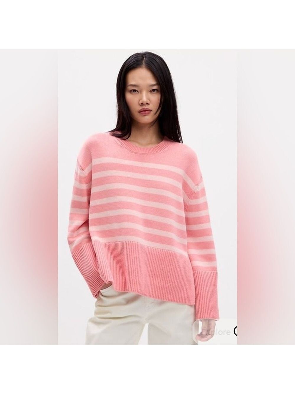 Gap Split-Hem Crewneck Striped Barbiecore Pink Oversized Pullover Sweater XS NWT